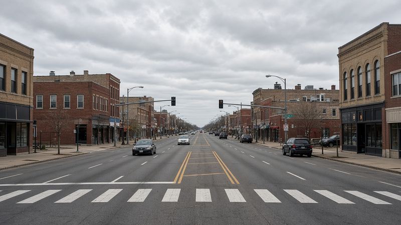 A wide, straight city street with four lanes, a center turn lane, traffic signals and brick storefronts