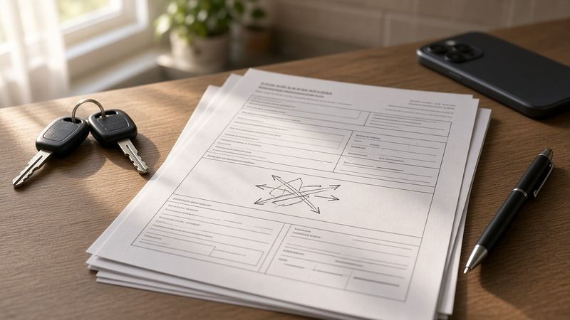 A printed traffic crash report form with a diagram, next to car keys, a smartphone and a pen on a table