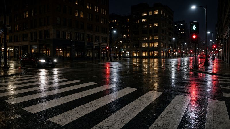 An empty downtown crosswalk at night on wet pavement reflecting traffic and pedestrian signals