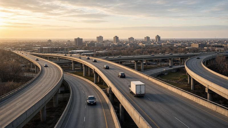 Elevated interstate ramps splitting and merging near a downtown skyline in late afternoon light