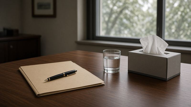 A closed folder, pen, glass of water and box of tissues on a wooden table in a quiet office