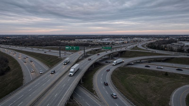 Cars and semi trucks on a multi-lane interstate interchange with curving flyover ramps at dusk