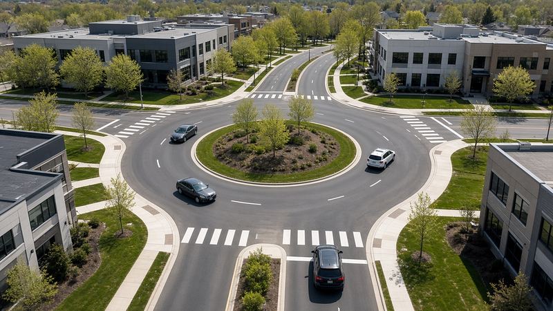 Cars circulating in a two-lane suburban roundabout with a landscaped center island and crosswalks